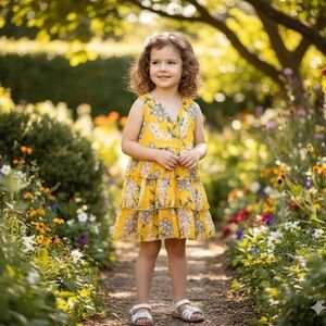 Girls Yellow Floral Tiered Sundress Sleeveless V-Neck Summer Garden Party Dress